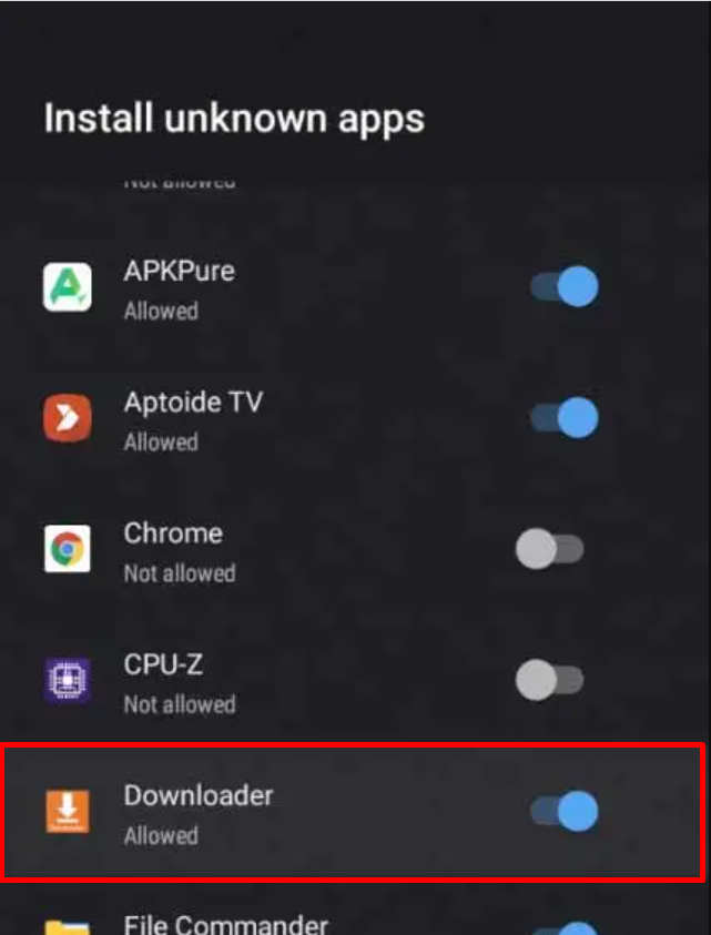 Habilite la opción Fuentes desconocidas para el Downloader